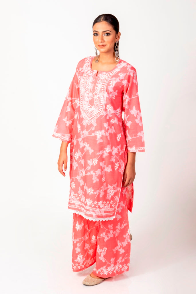 Soft Skin Friendly Pure Cotton Pink Printed Palazoo Set With White Cotton Thread.