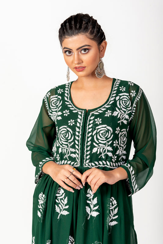 Semi Georgette Chikankari Kurti Dark Green Colour Lucknow Chikan Emporium.