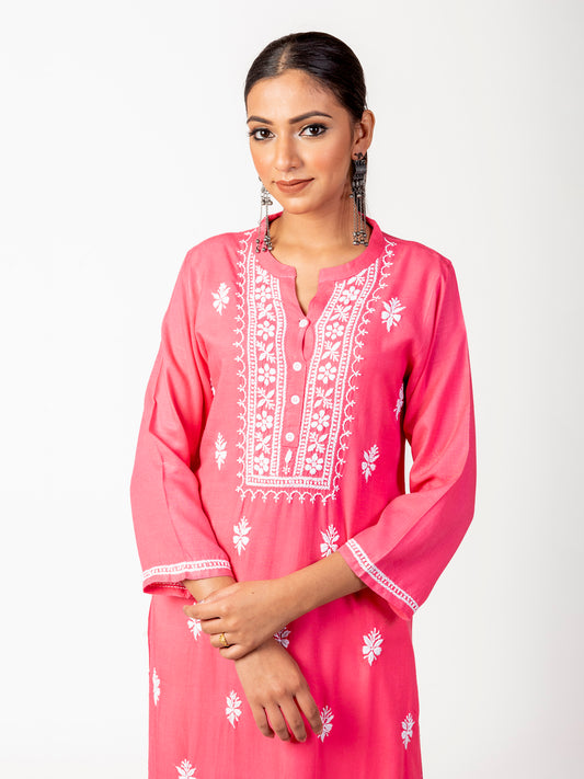 Super Soft Fine Rayon Chikankari Kurti Rani Pink Colour Lucknow Chikan Emporium.