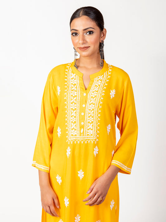 Super Soft Fine Rayon Chikankari Kurti Yellow Colour Lucknow Chikan Emporium.