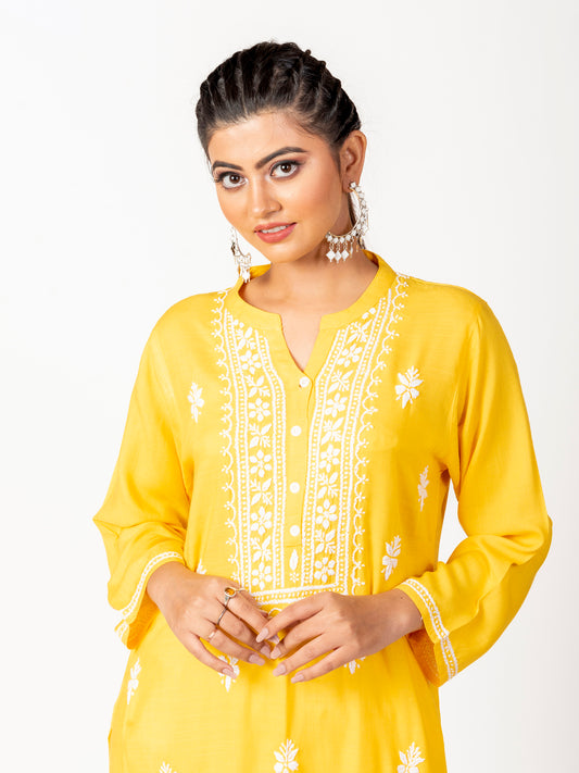 Super Soft Fine Rayon Chikankari Kurti Light Yellow Colour Lucknow Chikan Emporium.