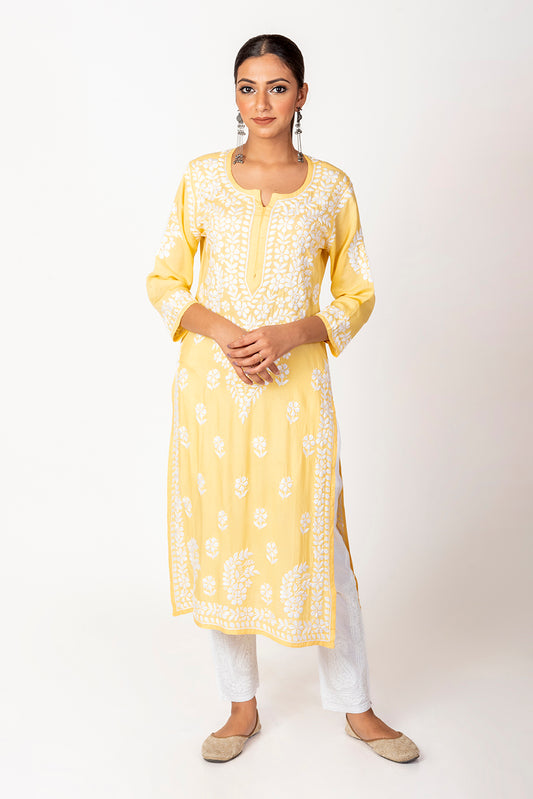 Super Soft Fine  Rayon Chikankari Kurti Yellow Colour Lucknow Chikan Emporium.