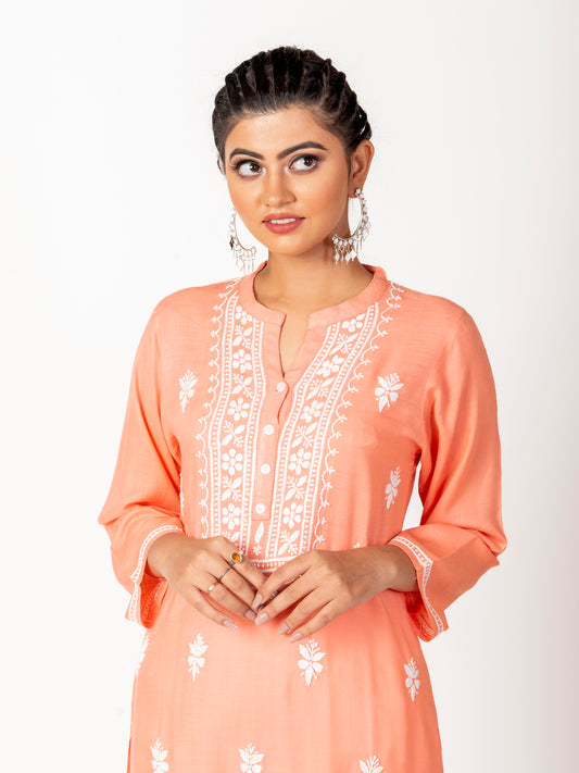 Super Soft Fine Rayon Chikankari Kurti Peach Colour Lucknow Chikan Emporium.