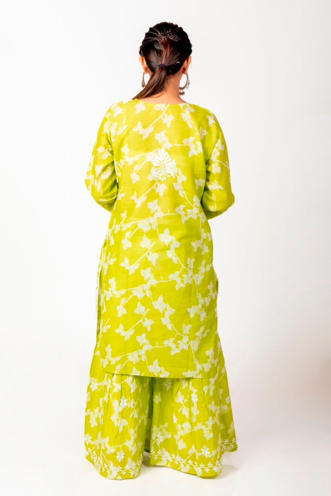 Soft Skin Friendly Pure Cotton Green Printed Palazoo Set With White Cotton Thread.