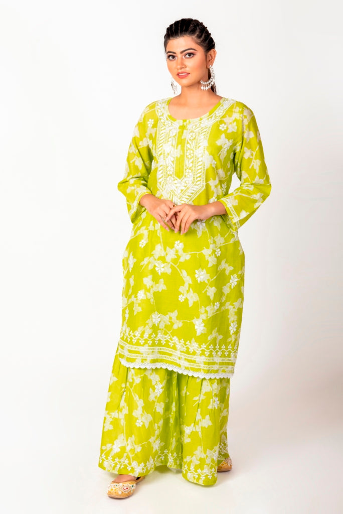 Soft Skin Friendly Pure Cotton Green Printed Palazoo Set With White Cotton Thread.