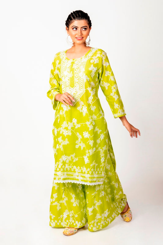 Soft Skin Friendly Pure Cotton Green Printed Palazoo Set With White Cotton Thread.