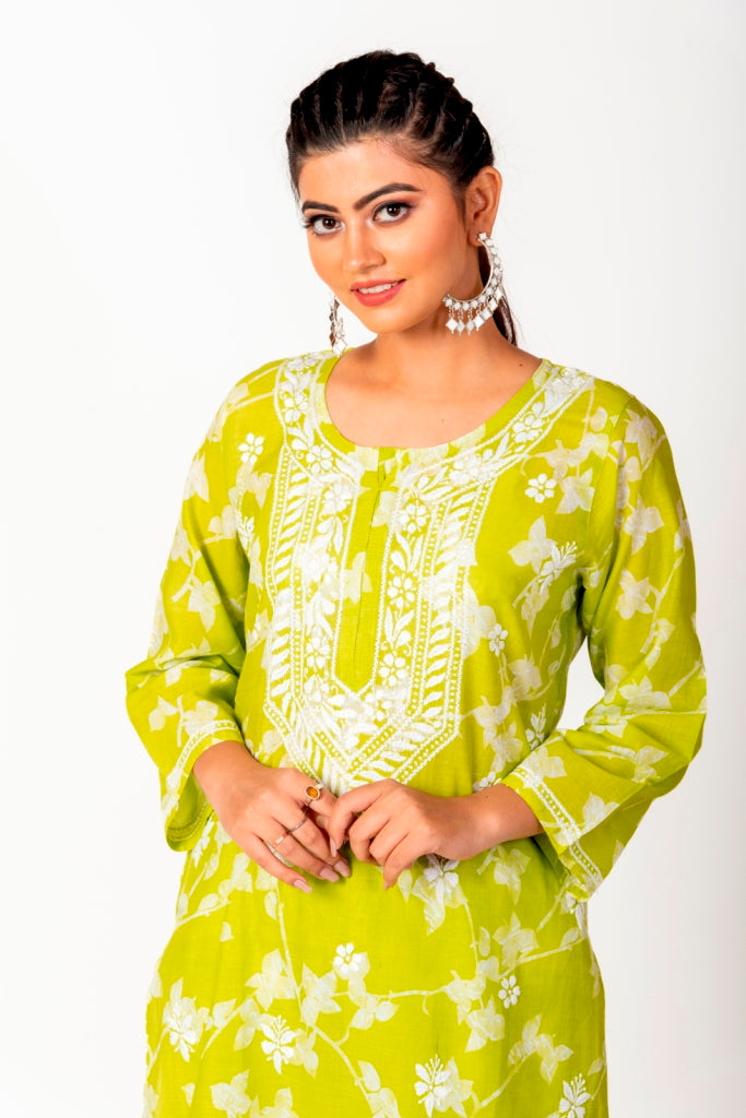 Soft Skin Friendly Pure Cotton Green Printed Palazoo Set With White Cotton Thread.