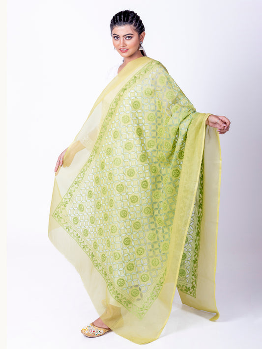 Lucknow Chikan Emporium Soft Cotton Green Colour Dupatta.