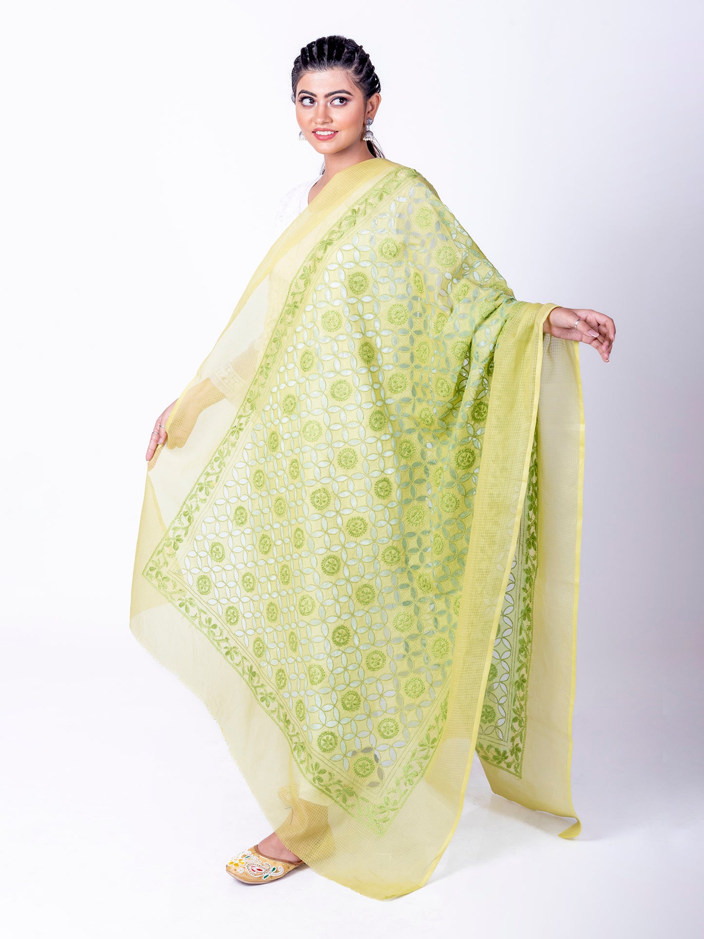 Lucknow Chikan Emporium Soft Cotton Green Colour Dupatta.