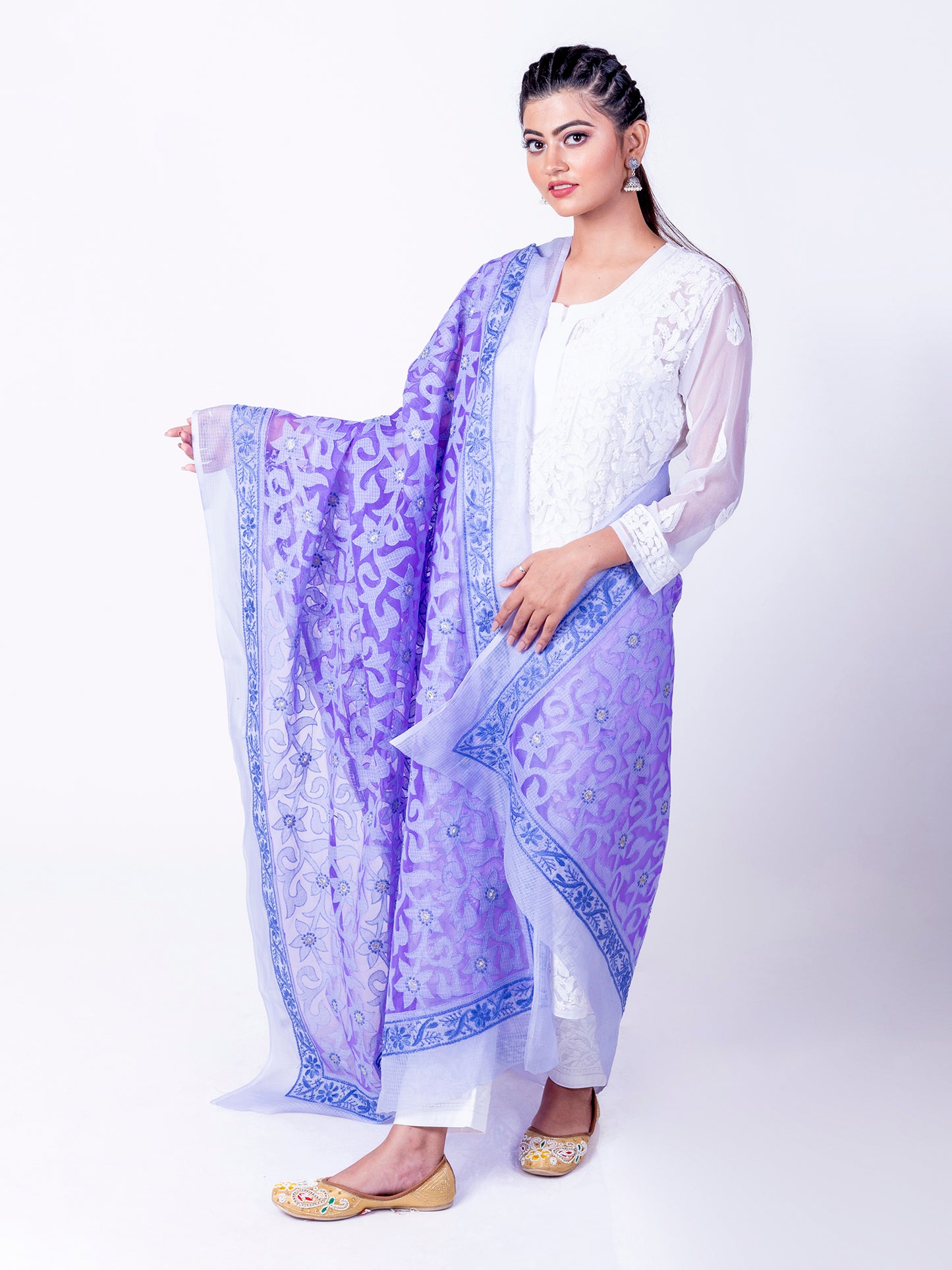 Lucknow Chikan Emporium Soft Cotton Purple Colour Dupatta.