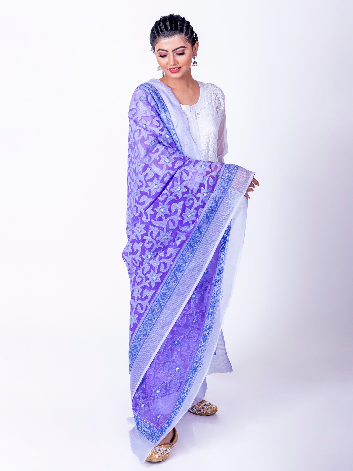 Lucknow Chikan Emporium Soft Cotton Purple Colour Dupatta.