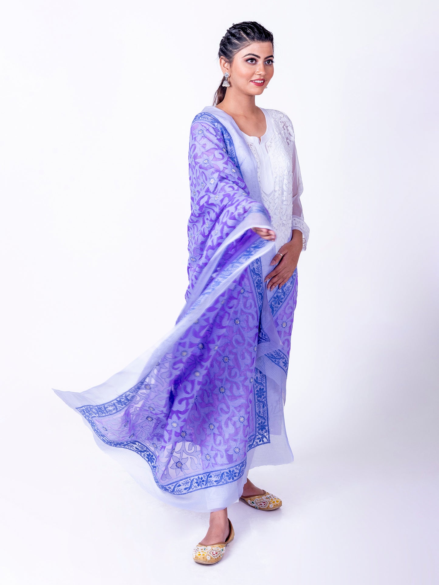 Lucknow Chikan Emporium Soft Cotton Purple Colour Dupatta.