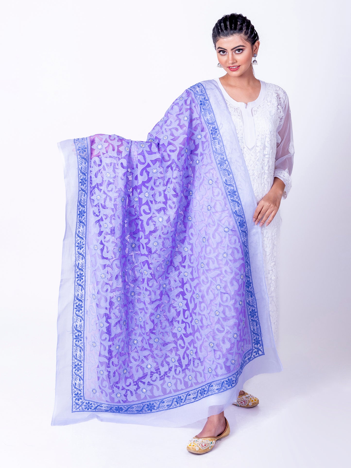 Lucknow Chikan Emporium Soft Cotton Purple Colour Dupatta.