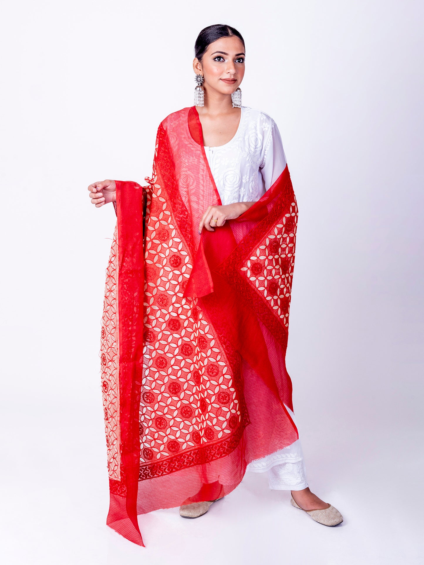 Lucknow Chikan Emporium Soft Cotton Red Colour Dupatta.