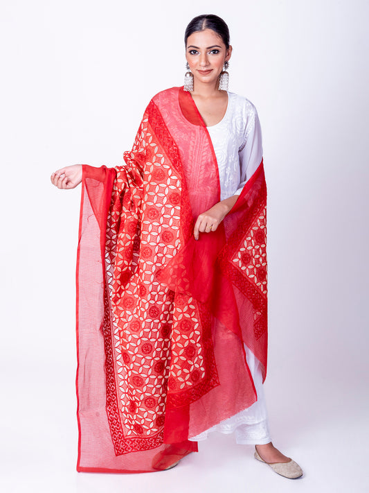 Lucknow Chikan Emporium Soft Cotton Red Colour Dupatta.