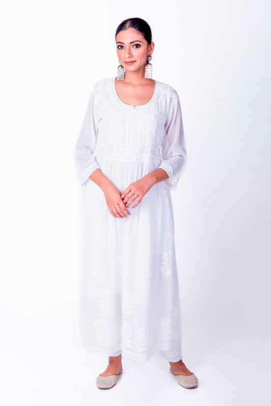 Nice Chikankari White Colour Kurti Semi Georgette Lucknow Chikan Emporium.