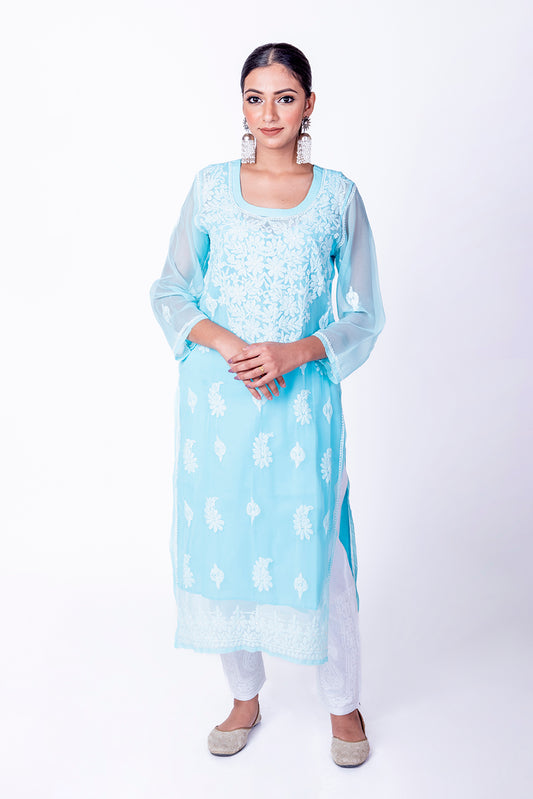 Light Blue Semi Georgette Skin Friendly Hand Chikankari  Kurti  Lucknow Chikan Emporium