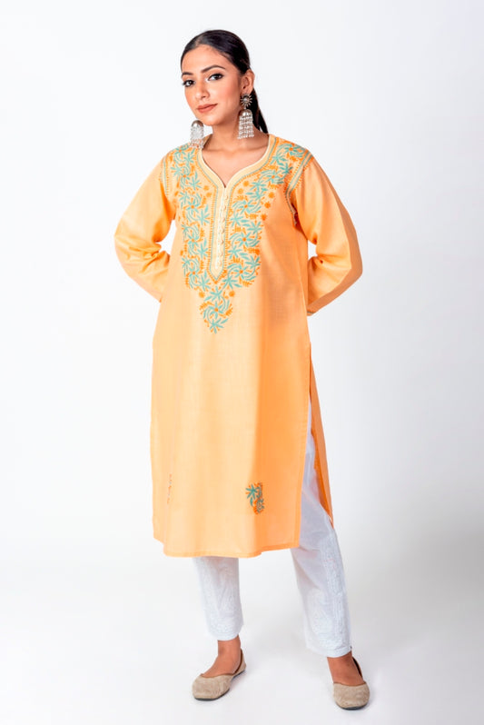 Nice Chikankari Orange Colour Cotton Kurti Lucknow Chikan Emporium.