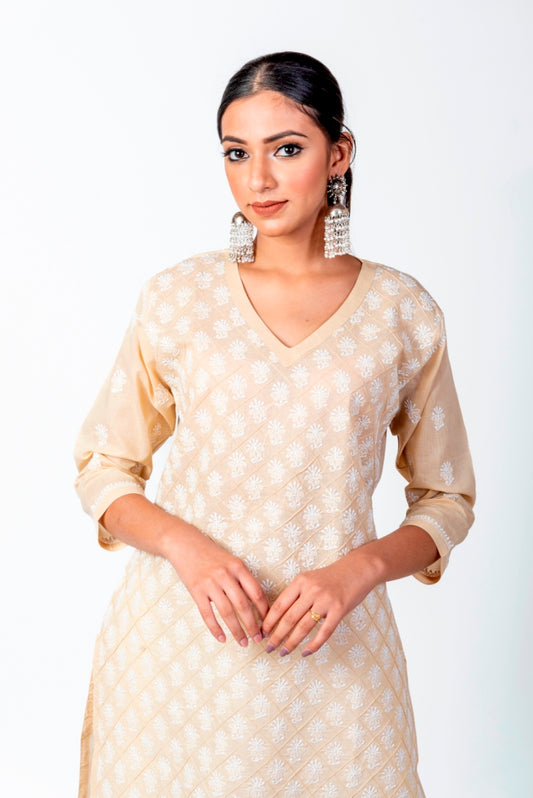 Nice Chikankari Fawn Colour Cotton Kurti  Lucknow Chikan Emporium.