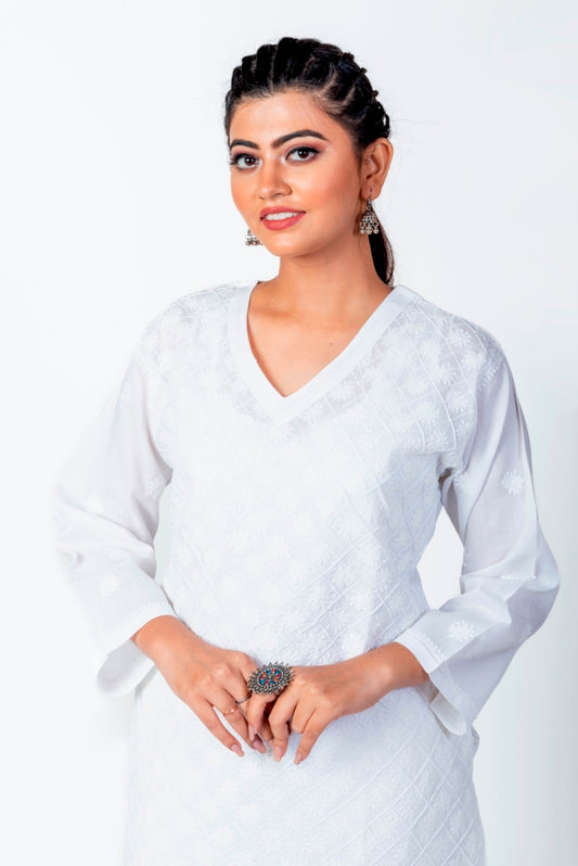 Nice Chikankari White Colour Cotton Kurti  Lucknow Chikan Emporium.