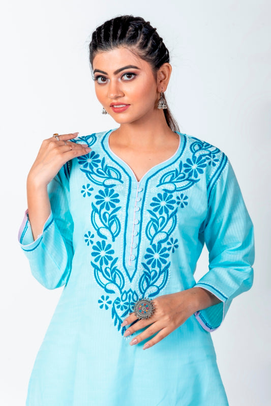 Nice Chikankari Blue Colour Cotton Kurti Lucknow Chikan Emporium.