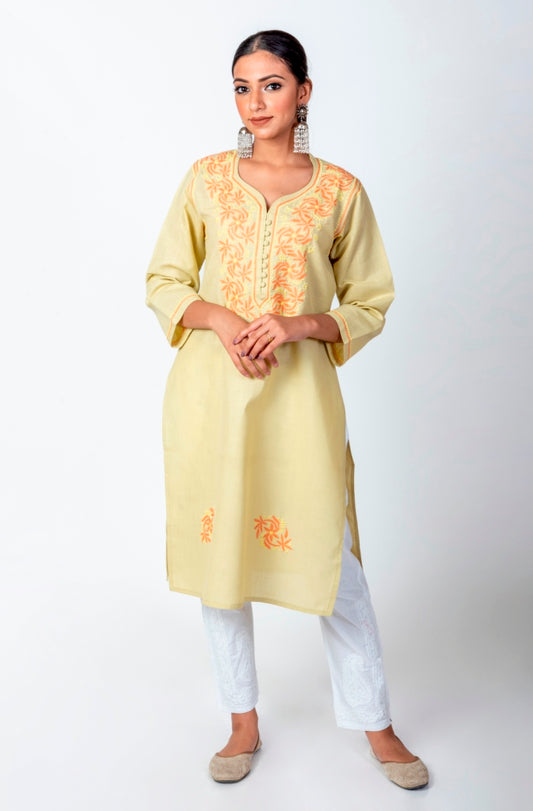 Nice Chikankari Fawn Colour Cotton Kurti Lucknow Chikan Emporium.