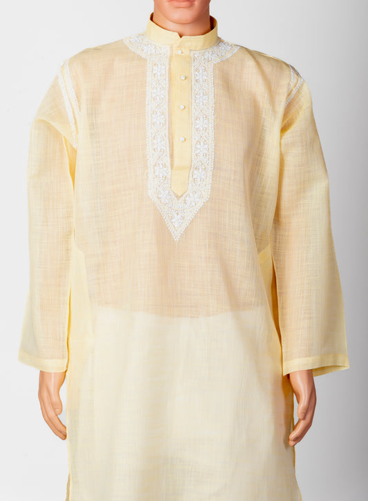 Lucknow Chikan Emporium Nice Hand Chikankari Man Kurta Yellow Colour.