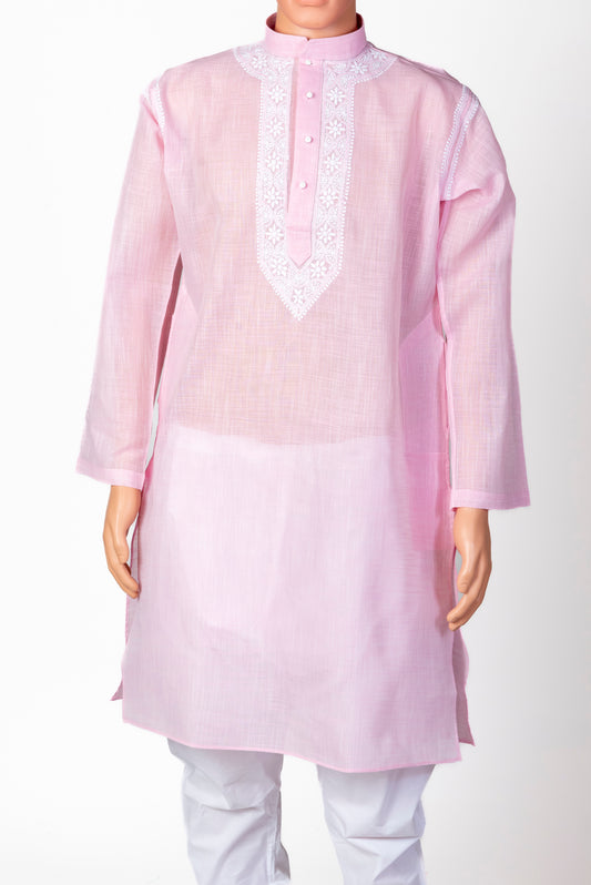 Nice Hand Chikankari Man Kurta Pink Colour Lucknow Chikan Emporium