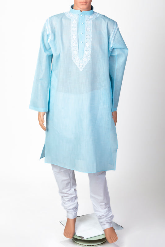 Nice Hand Chikankari Man Kurta Blue Colour Lucknow Chikan Emporium