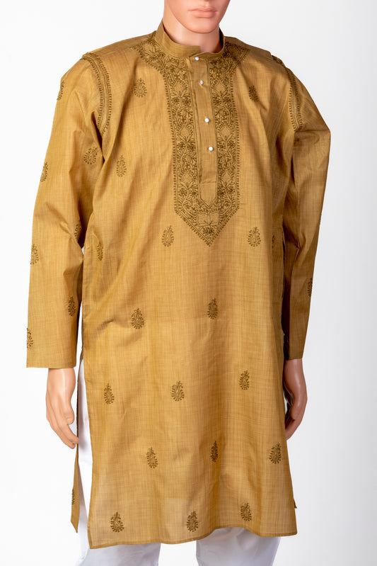 Nice Hand Chikankari Cotton Rusty Green Colour Silk Gents Kurta Lucknow Chikan Emporium.