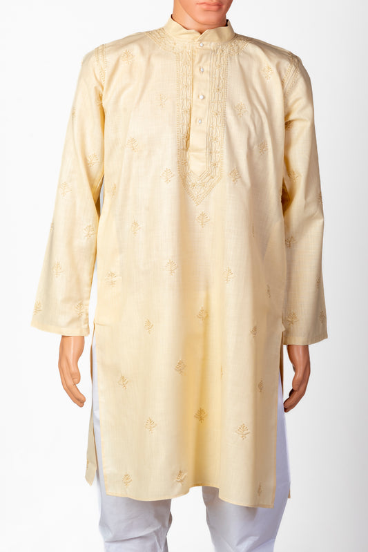 Nice Hand Chikankari Fawn Colour Cotton Gents Kurta Lucknow Chikan Emporium.