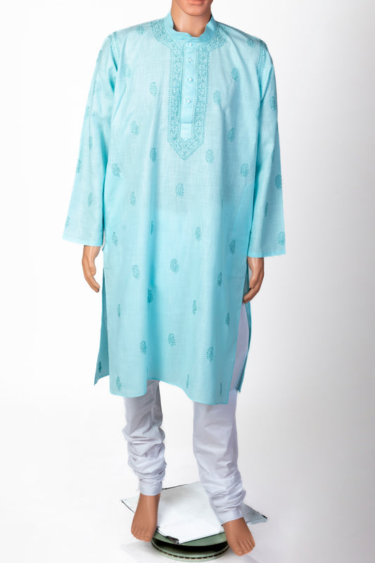 Nice Hand Chikankari Cotton Sea Green Colour Gents Kurta Lucknow Chikan Emporium.