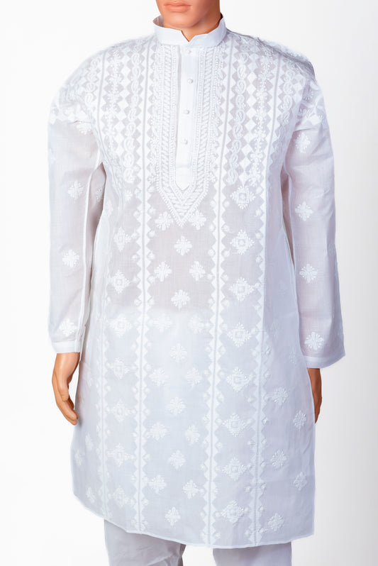 Nice Hand Chikankari Cotton White Colour Gents Kurta Lucknow Chikan Emporium.