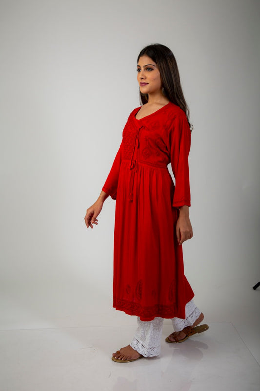 Lucknow Chikan Emporium Soft Cotton Red Angrakha Chikankari Kurti