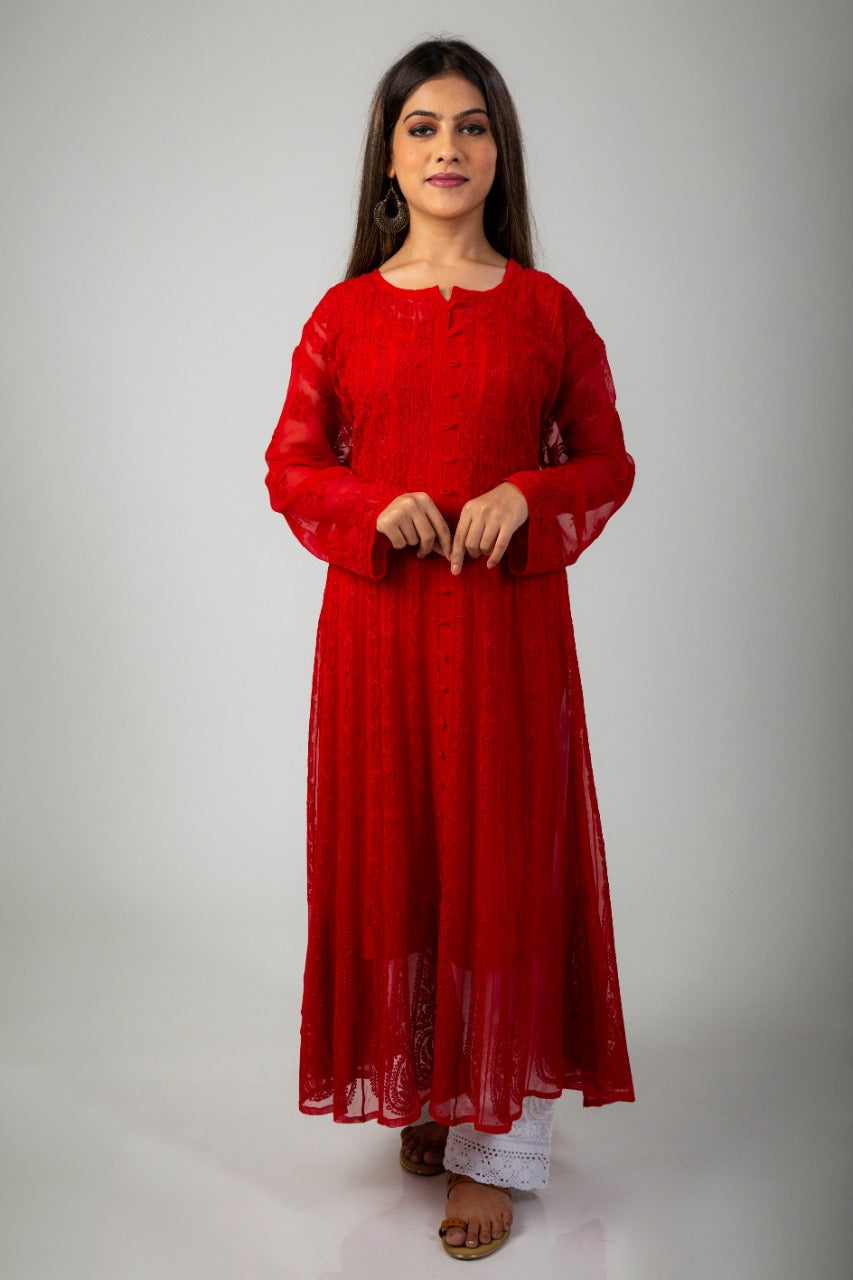 Lucknow Chikan Emporium Hand Chikankari  Red Semi georgette 56 KALI ANARKALI  Kurti