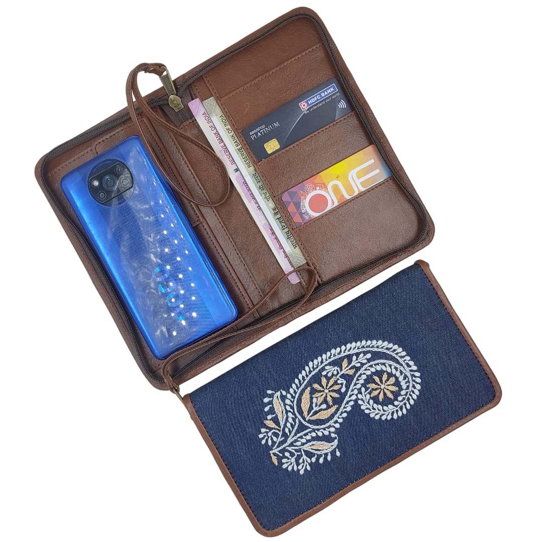 Blue Silk Ladies wallet With Hand Chikan Embroidery Lucknow Chikan Emporium.