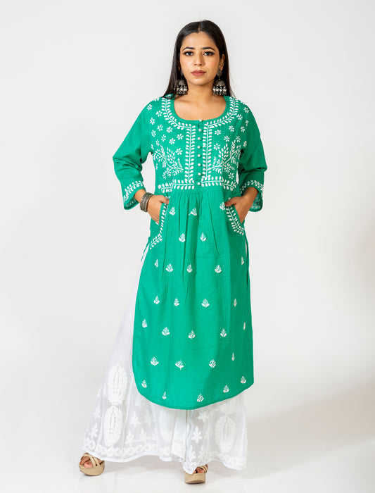 Pocket Green Colour Kurti Hand Embroided Skin Friendly South Cotton Lucknow Chikan Emporium.