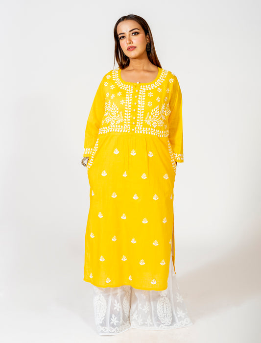 Pocket Yellow Colour Hand Embroided Skin Friendly South Cotton Kurti Lucknow Chikan Emporium.