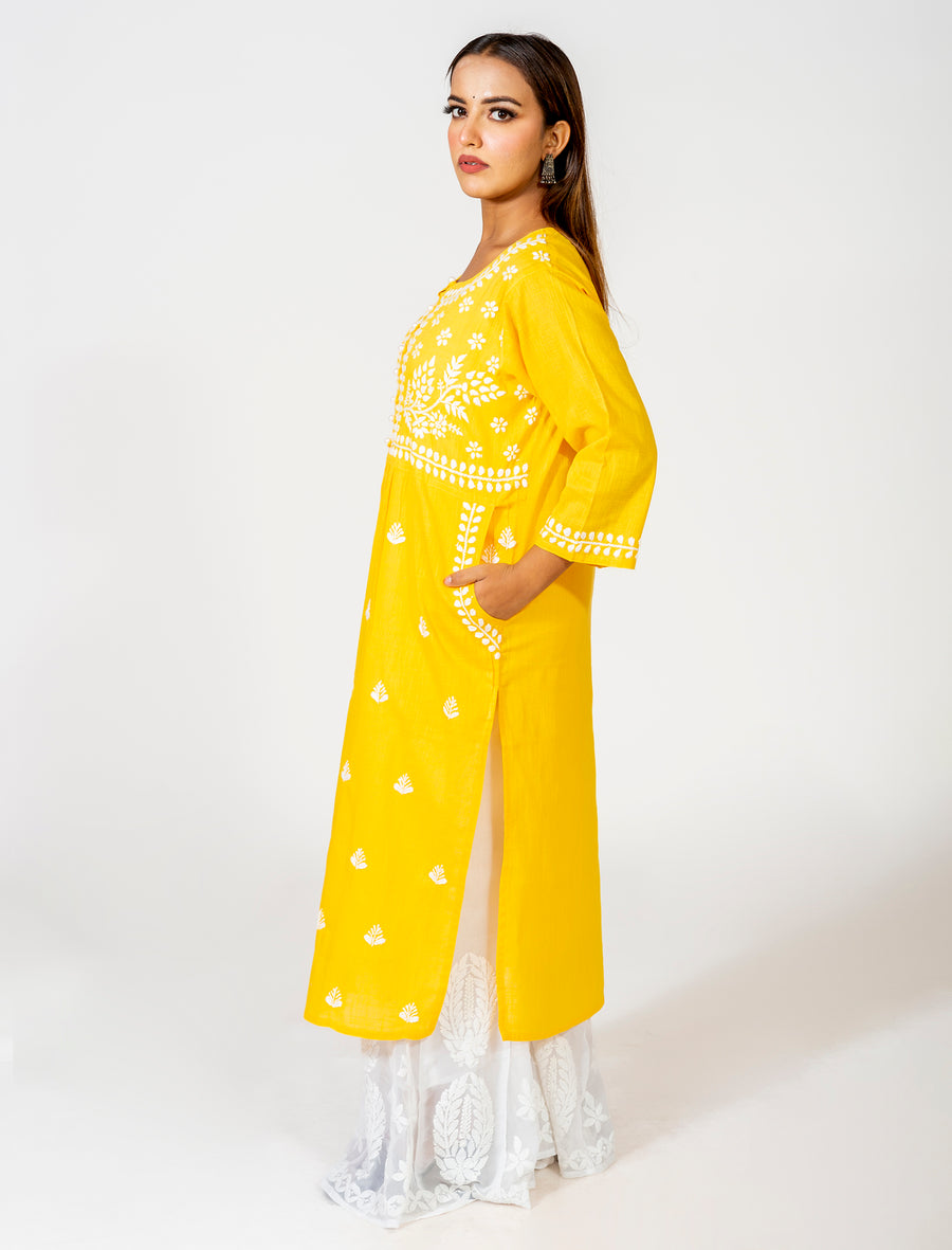 Pocket Yellow Colour Hand Embroided Skin Friendly South Cotton Kurti Lucknow Chikan Emporium.