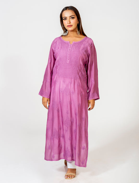 Purple Hand Embroided Skin Friendly  Muslin Shadow Chikankari Kurti