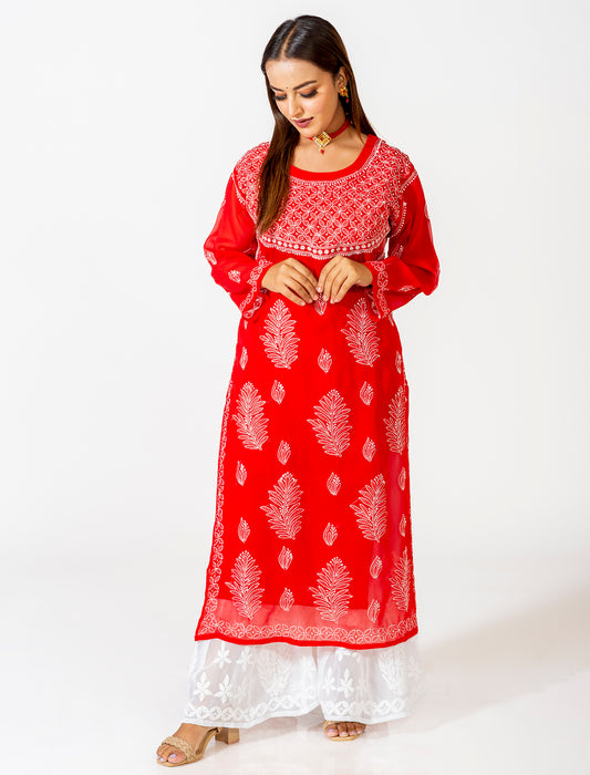 Red Hand Embroided Skin Friendly Semi Georgette Chikankari Kurti Lucknow Chikan Emporium.