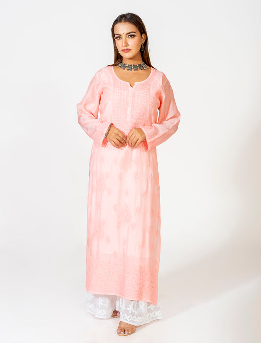 Peach Hand Embroided Skin Friendly  Muslin Shadow Chikankari Kurti