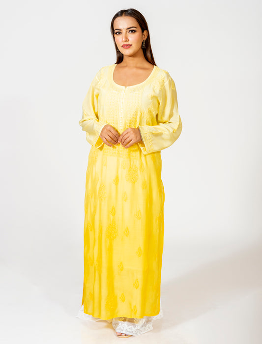 Mustared Yellow Hand Embroided Skin Friendly  Muslin Shadow Chikankari Kurti