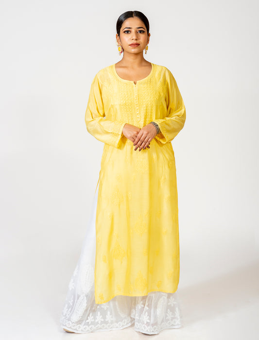 Yellow Hand Embroided Skin Friendly  Muslin Shadow Chikankari Kurti