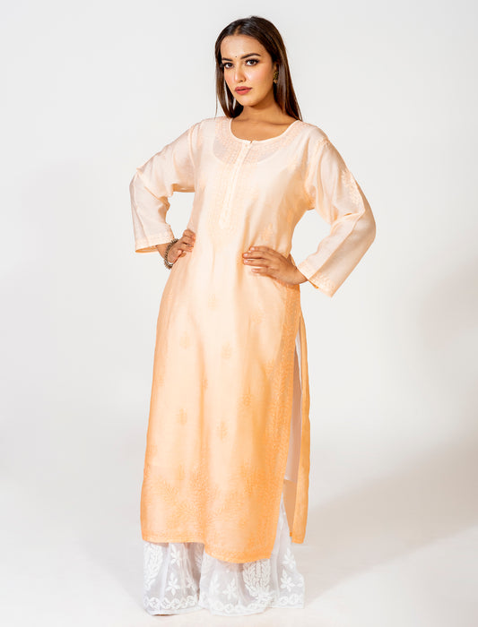 Chanderi Shadow work Chikankari Kurti Orange Hand Embroided Skin Friendly Lucknow Chikan Emporium.