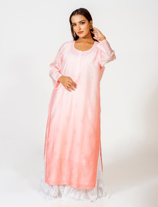 Chanderi Shadow work Chikankari Hand Embroided Skin Friendly Kurti Peach Lucknow Chikan Emporium.