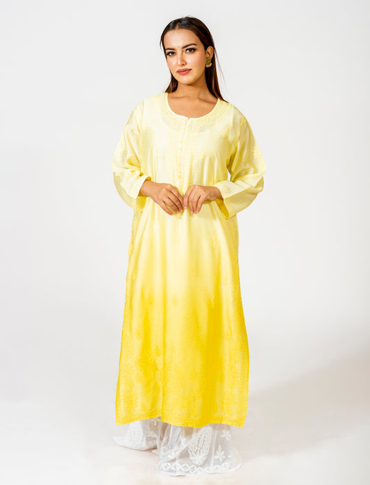 Chanderi Shadow work  Chikankari Kurti Yellow Hand Embroided Skin Friendly Lucknow Chikan Emporium.