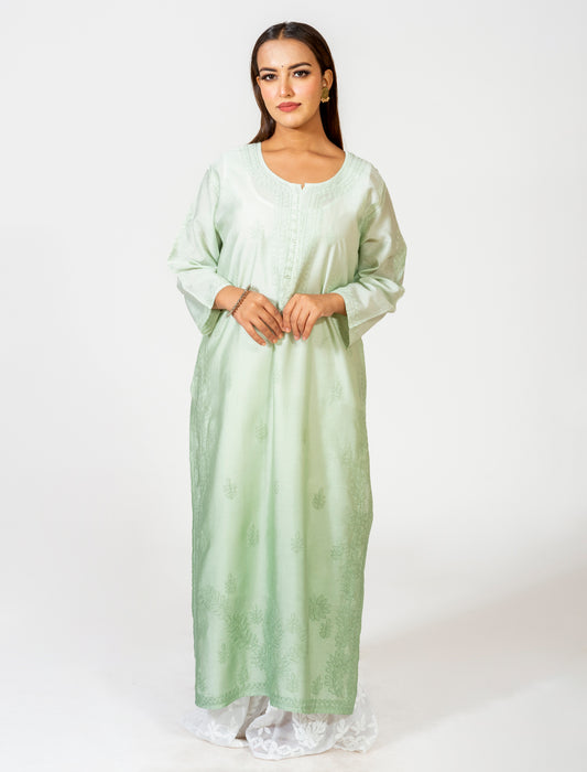 Chanderi Shadow work  Chikankari Kurti Rusty Green Hand Embroided Skin Friendly Lucknow Chikan Emporium.