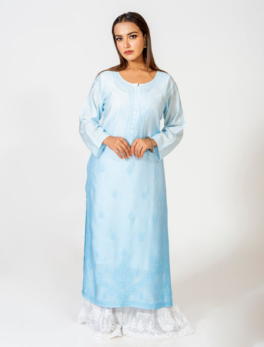 Chanderi Shadow work Chikankari Hand Embroided Skin Friendly Kurti Blue Lucknow Chikan Emporium.