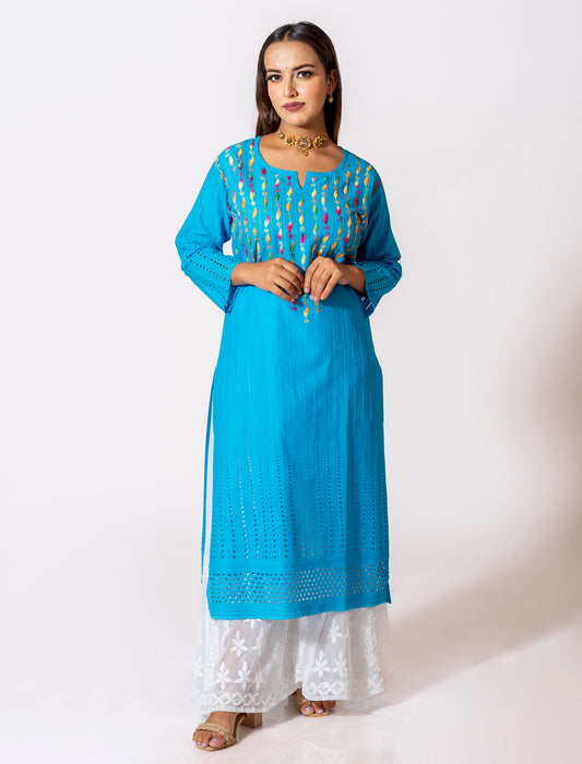 Blue Hand Embroided Skin Friendly Hakava Cotton Chikankari Kurti Lucknow Chikan Emporium.